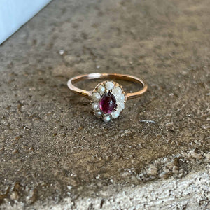 Women's 14K Rose Gold Tourmaline Ring Surrounded by a halo or Seed Pearls for a Vintage inspired look