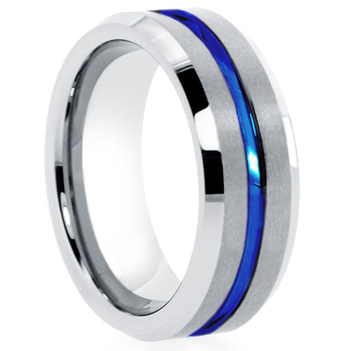 Silver Tungsten Ring With Blue Line