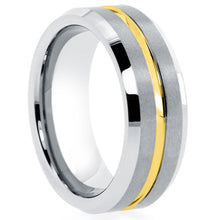 Load image into Gallery viewer, Mens-Silver-tungsten-ring-with-thin-yellow-line-comfort-fit-satin-finish-beveled-edge
