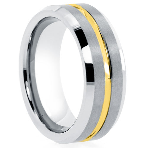 Mens-Silver-tungsten-ring-with-thin-yellow-line-comfort-fit-satin-finish-beveled-edge