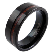 Load image into Gallery viewer, beautiful-black-flat-band-tungsten-ring-with-classy-off-center-koa-wood-inlay-tungsten-rings-wedding-bands-diagonal
