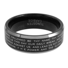 Load image into Gallery viewer, black-tungsten-ring-with-laser-engraved-lords-prayer-in-silver-wholesale-tungsten-rings-wedding-bands
