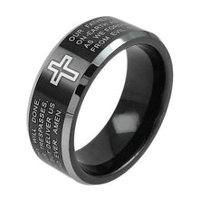 Load image into Gallery viewer, black-tungsten-ring-with-laser-engraved-lords-prayer-in-silver-wholesale-tungsten-rings-wedding-bands
