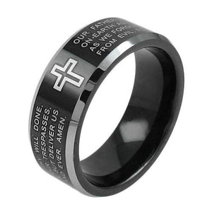 black-tungsten-ring-with-laser-engraved-lords-prayer-in-silver-wholesale-tungsten-rings-wedding-bands