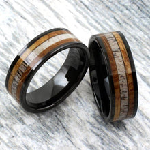 Load image into Gallery viewer, polished-black-tungsten-carbide-flat-band-ring-with-deer-antler-and-whiskey-barrel-oak-wood-inlays-tungsten-rings-wedding-bands-
