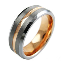 Load image into Gallery viewer, two-tone-tungsten-ring-with-rose-gold-inner-band-brushed-finish-outer-band-recessed-rose-gold-stripe-beveled-edges-tungsten-rings-wedding-bands
