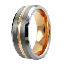 Load image into Gallery viewer, two-tone-tungsten-ring-with-rose-gold-inner-band-brushed-finish-outer-band-recessed-rose-gold-stripe-beveled-edges-tungsten-rings-wedding-bands
